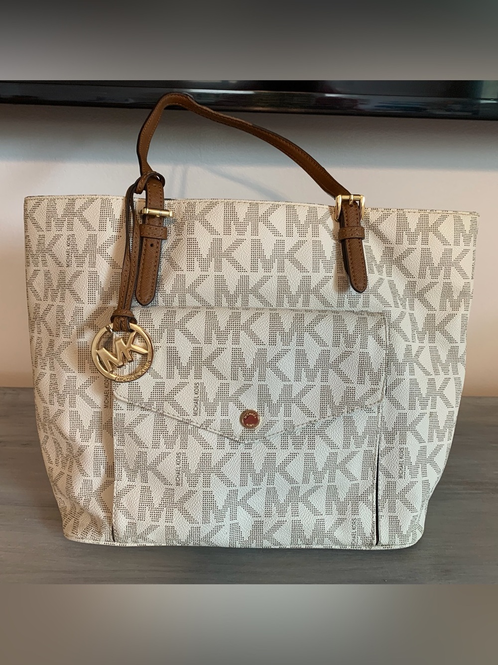Michael Kors purse Cream and Brown MK Logo Tote shoulder bag Gold Accent new